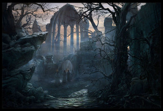 Dark forest man building painting - the middle of the forest free wallpaper