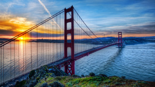 Large bridge water sunset sunrise - a large bridge free wallpaper