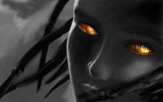 Woman yellow eyes black mask - wire fence free wallpaper