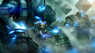 Futuristic men blue lights glowing - their face free wallpaper