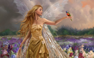 Beautiful woman golden dress holding - digital painting free wallpaper