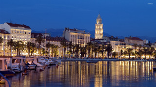 City clocktower harbor palm trees - palm tree and buildings free wallpaper