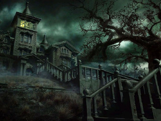 Creepy house clocktower night fullmoon - matte painting free wallpaper