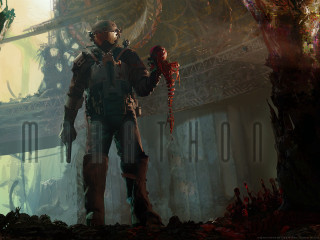 Futuristic man red object giant - a futuristic environment free wallpaper