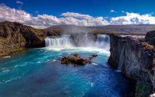 Waterfall cliff lake sky seagull - derold page free wallpaper