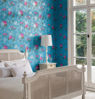 Bedroom blue wallpaper white wicker - a flemish baroque free wallpaper