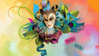 Mask feathers ribbons colorful background - a tag free wallpaper