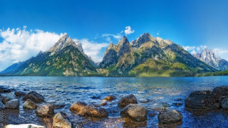 Mountain lake shore clouds boat - the shore of a lake free wallpaper