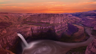 Waterfall canyon sunset river mountains - a mountain range in the background free wallpaper