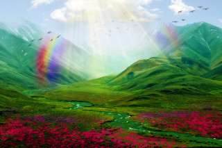 Rainbow colored mountain landscape stream - a stream free wallpaper