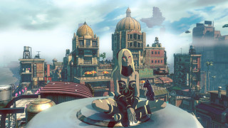 Futuristic city statue man woman - top of a building free wallpaper