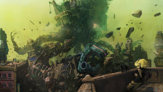 Man giant robot building city - mecha free wallpaper