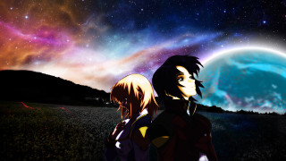 Anime characters stargazing planet background - two anime character free wallpaper