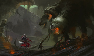 Man red cape cave bear - his back and a demon free wallpaper