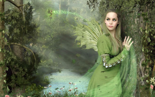 Woman green dress forest stream - a green dress free wallpaper