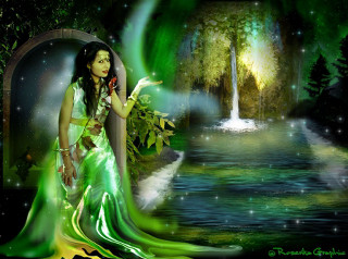 Woman green dress waterfall background - a waterfall in the background free wallpaper