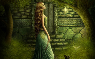 Woman green dress cat forest - fantasy art free wallpaper