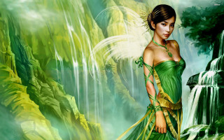 Woman green dress waterfall painting - a painting of a woman free wallpaper