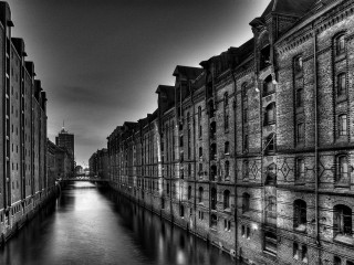 Canal black white city old 3 - a clock tower in the distance free wallpaper
