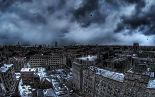 City buildings cloudy sky birds - grim free wallpaper