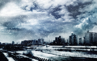 Snowy city cloudy sky buildings - a matte painting free wallpaper for desktop