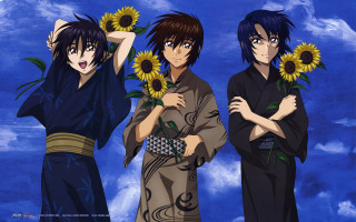 Anime characters sunflowers blue sky - a blue sky behind them free wallpaper