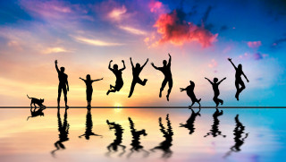 People jumping dog beach sunset - sunrise time free wallpaper