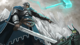 Man blue cape sword demon - epic fantasy character art free wallpaper