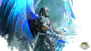 Man sword wings blue background - epic fantasy character art free wallpaper