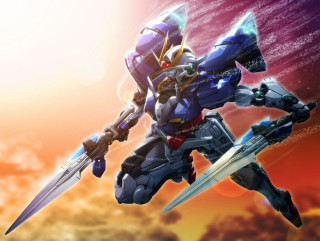 Robot sword clouds sky background - mecha free wallpaper