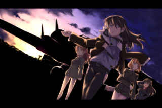 Anime girls plane night purple - a purple sky in the background free wallpaper