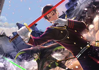 Man uniform sword cityscape buildings - autodestructive art free wallpaper