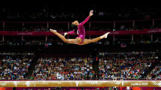 Woman pink leotard beam trick - a crowd of people free wallpaper