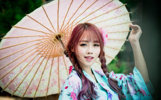 Woman kimono parasol smiling camera - art nouveau free wallpaper