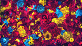 Colorful flower circles red background - digital art free wallpaper for desktop