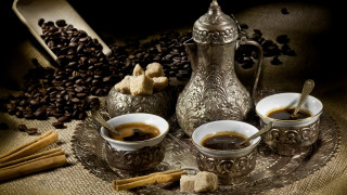 Silver pitcher three coffee cups - a table cloth free wallpaper