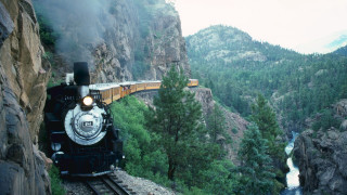Train forest valley river mountain - alson s. clark free wallpaper