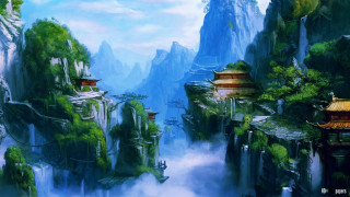 Mountain landscape river pagoda painting 2 - a painting of a mountain landscape free wallpaper