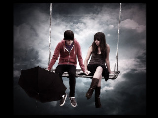 Swing umbrella sky two people - romantic free wallpaper