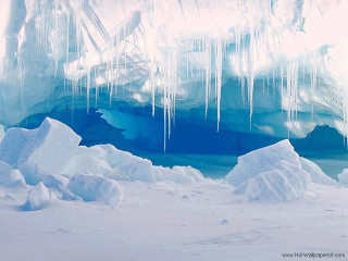 Ice cave icicles blue pool - ice free wallpaper