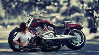 Woman sitting motorcycle street trees 3 - the background and a woman free wallpaper