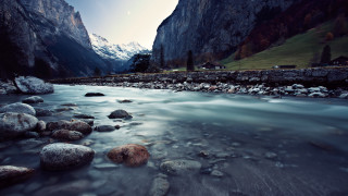 Lush green valley river mountains - a matte painting free wallpaper for desktop
