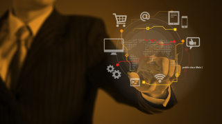 Man suit virtual interface touching - a wireframe diagram free wallpaper