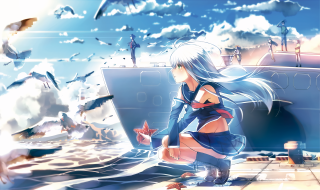 Girl boat ocean birds man 2 - a boat in the ocean free wallpaper