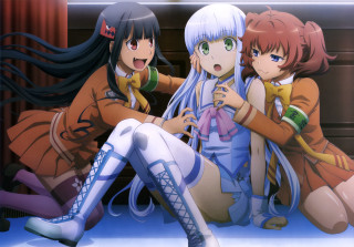 Three anime girls sitting bootsknees - their leg free wallpaper