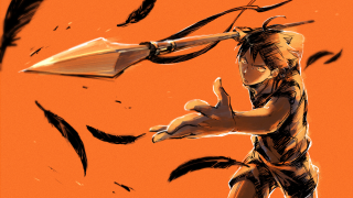 Man long stick birds flying - an orange background free wallpaper