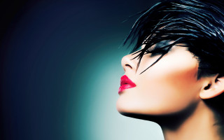 Woman blackhair redlipstick sky blue - red lipstick free wallpaper