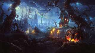 Dark forest pumpkins castle full - a full moon free wallpaper