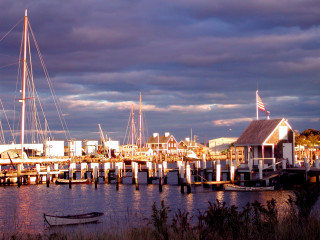 Boat docked cloudy sky building - a matte painting free wallpaper