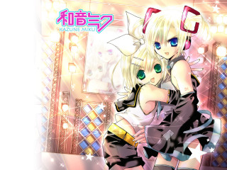 Anime couple hugging mirror lights - behind them free wallpaper